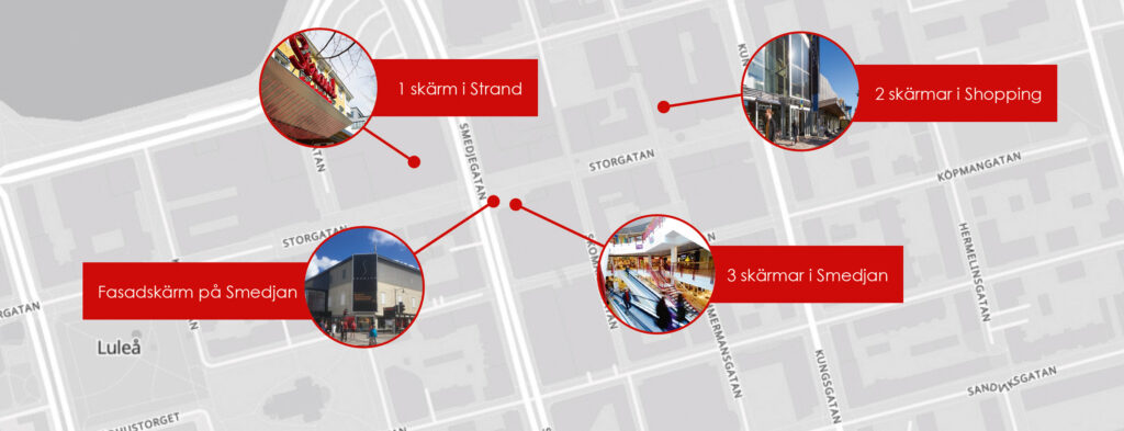 Karta över digitala skyltar i Luleås gallerior med information